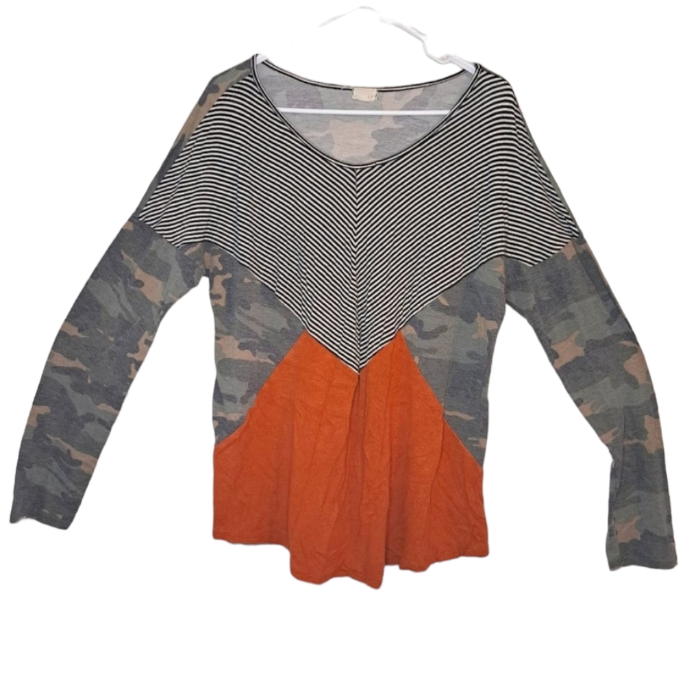 Lovely Melody Color Block Drop Shoulder Camo Stripes Long Sleeve Tee Size XL